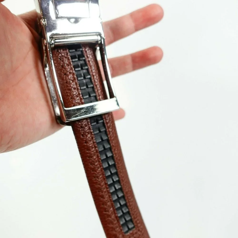 Belt‎ Mens Leather Brown Black Classic ONE SIZE Adjustable Box Silver Buckle